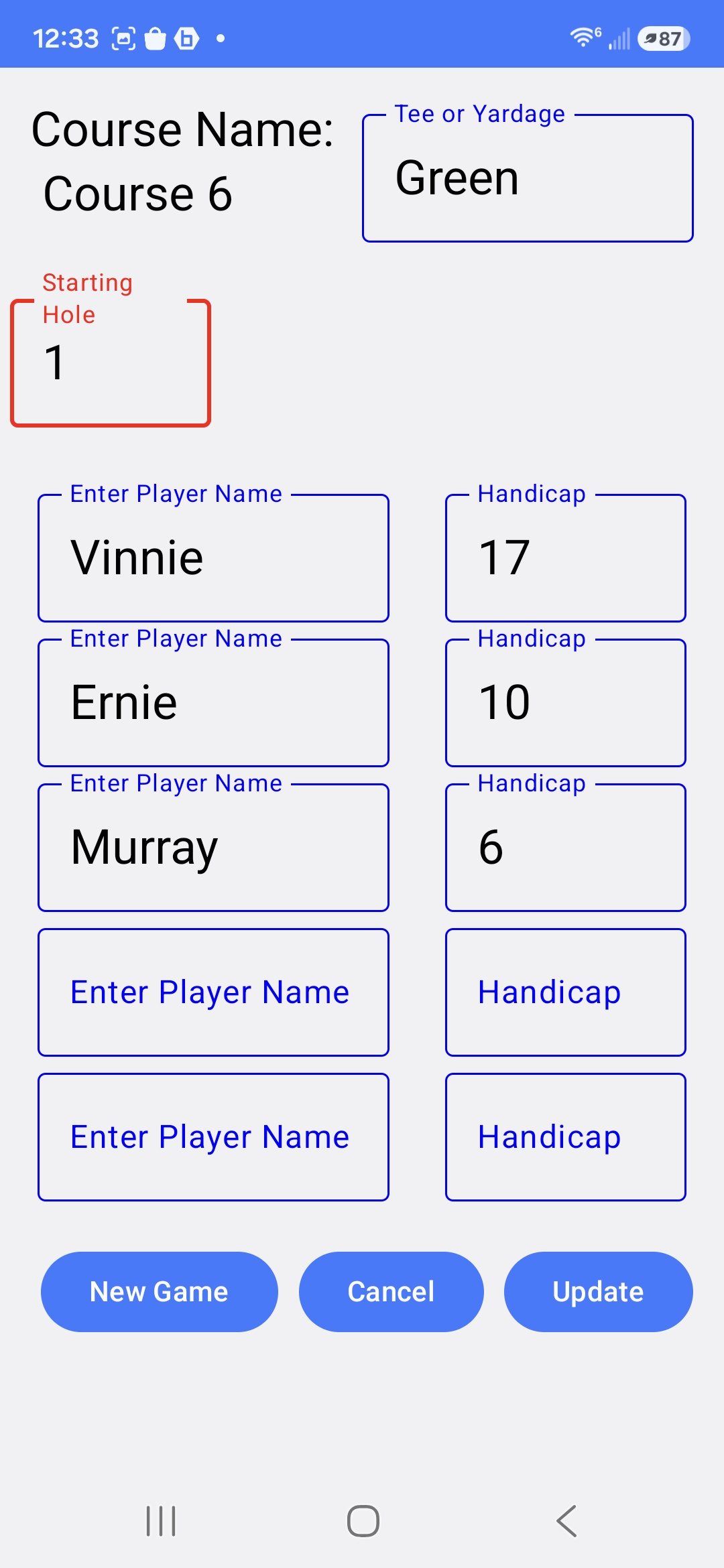 Player Setup screen with names and handicaps